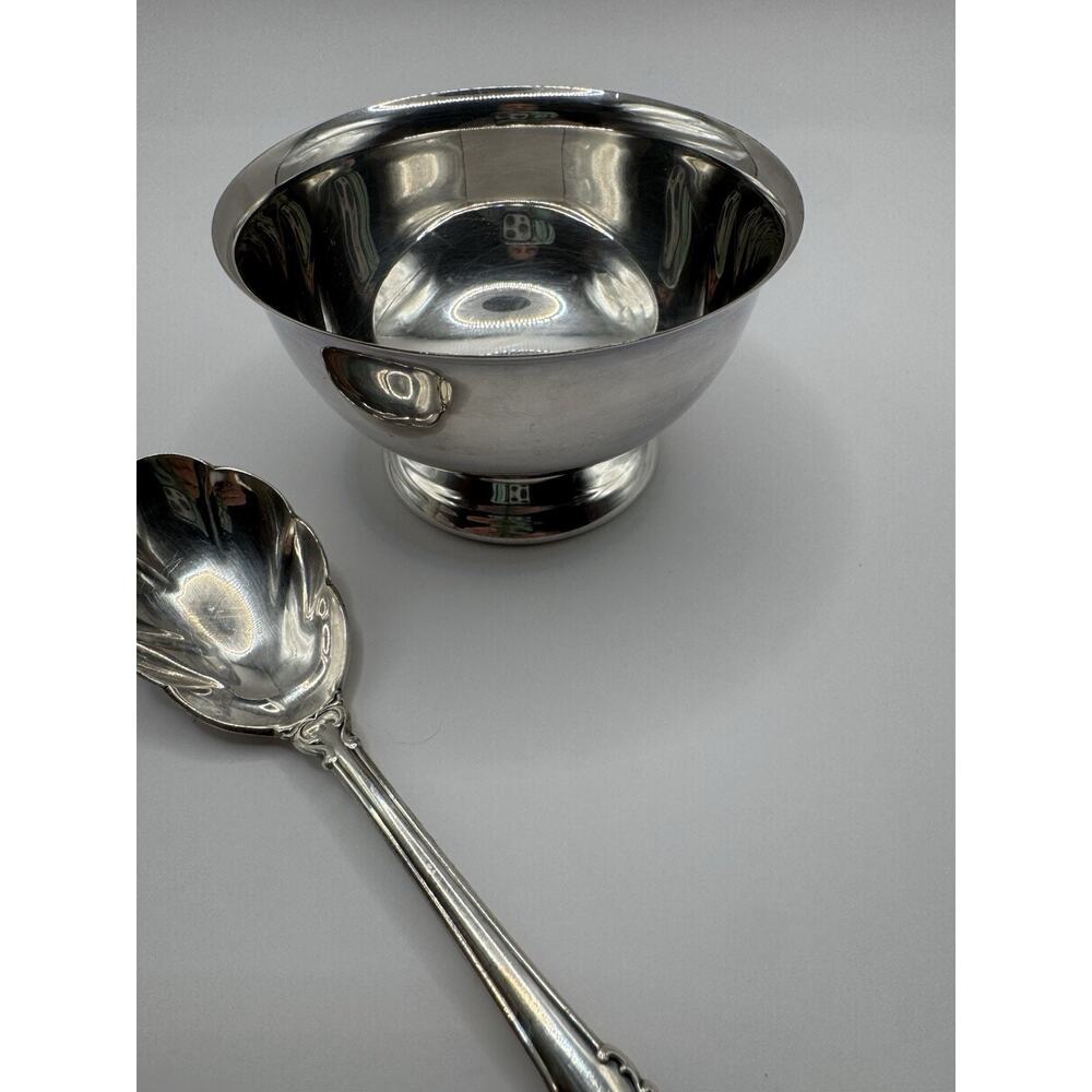 Vintage Poole Silverplate Pedestal Nut Bowl w Holmes Edwards Spoon Deep Silver
